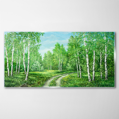 Tablou sticla Pădure verde cu mesteceni albi