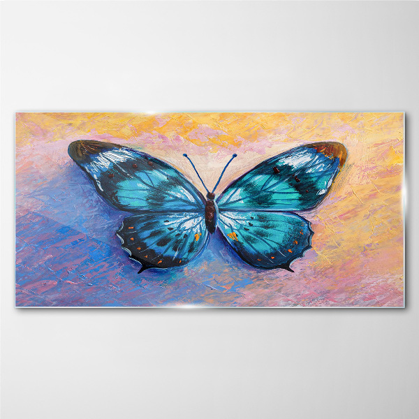 Tablou sticla Fluture albastru pe fundal pastel