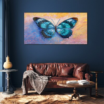 Tablou sticla Fluture albastru pe fundal pastel