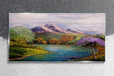 Tablou sticla Peisaj montan cu un lac