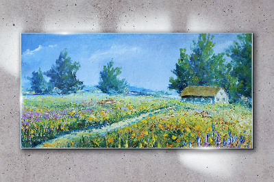 Tablou sticla cabană de flori de peisaj sat