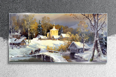 Tablou sticla Peisaj de iarnă cu o biserică din sat