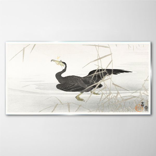 Tablou sticla Cormoran negru printre stuf