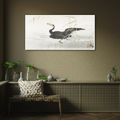 Tablou sticla Cormoran negru printre stuf