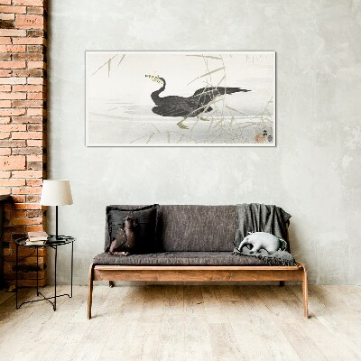 Tablou sticla Cormoran negru printre stuf