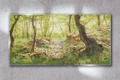 Tablou sticla Peisaj verde de pădure cu pietre