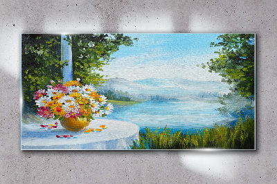 Tablou sticla Buchet de flori pe malul lacului