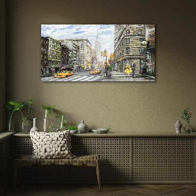 Tablou sticla Strada din New York cu taxiuri galbene