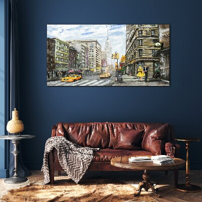 Tablou sticla Strada din New York cu taxiuri galbene