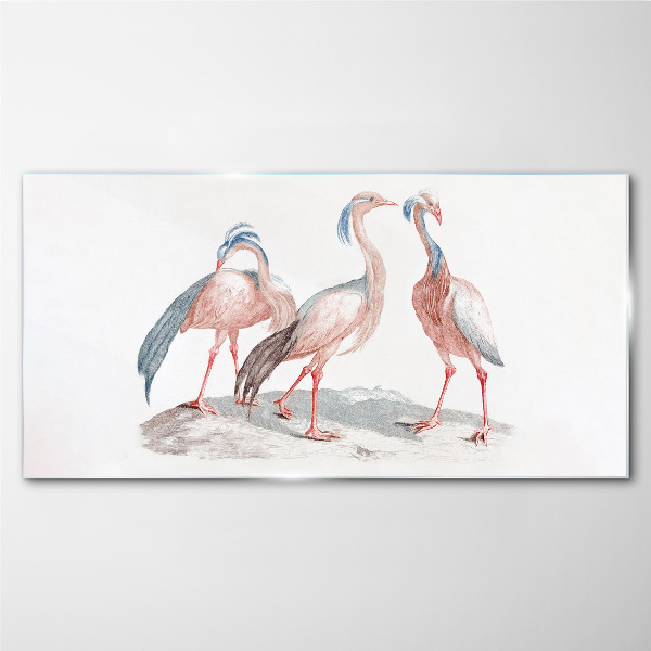 Tablou sticla Trei flamingo roz pe un fundal alb