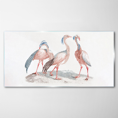 Tablou sticla Trei flamingo roz pe un fundal alb
