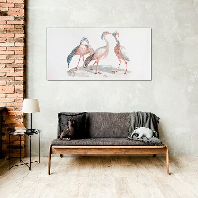 Tablou sticla Trei flamingo roz pe un fundal alb