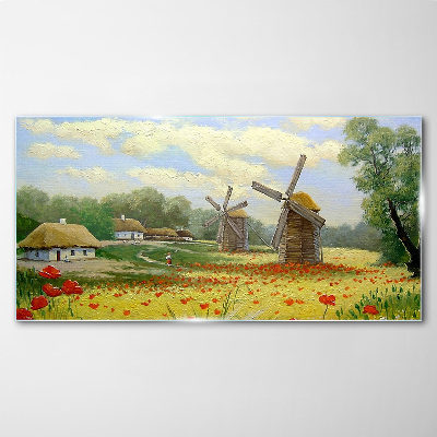 Tablou sticla Peisaj rural cu mori de vânt
