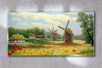 Tablou sticla Peisaj rural cu mori de vânt