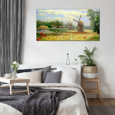 Tablou sticla Peisaj rural cu mori de vânt