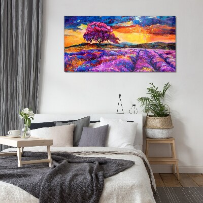 Tablou sticla Câmpuri de lavandă violet la apus