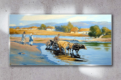 Tablou sticla Peisaj rural cu boi