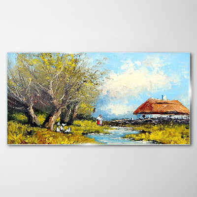 Tablou sticla Peisaj rural cu o cabana si copaci