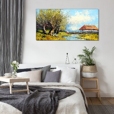 Tablou sticla Peisaj rural cu o cabana si copaci