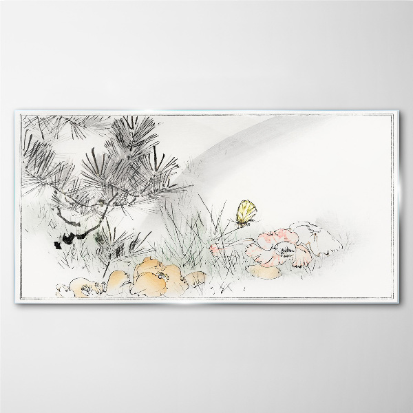 Tablou sticla Peisaj floral cu un fluture