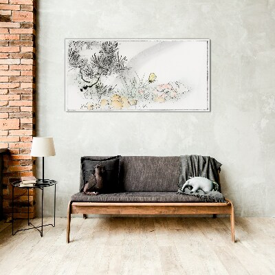 Tablou sticla Peisaj floral cu un fluture