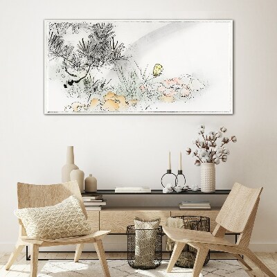 Tablou sticla Peisaj floral cu un fluture
