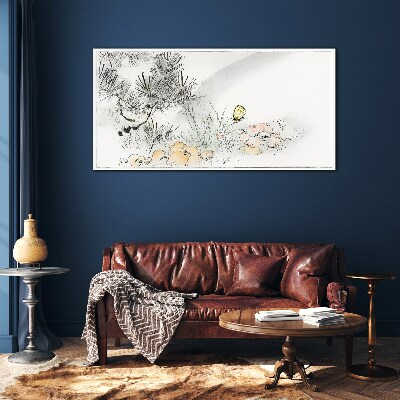 Tablou sticla Peisaj floral cu un fluture