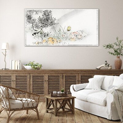 Tablou sticla Peisaj floral cu un fluture