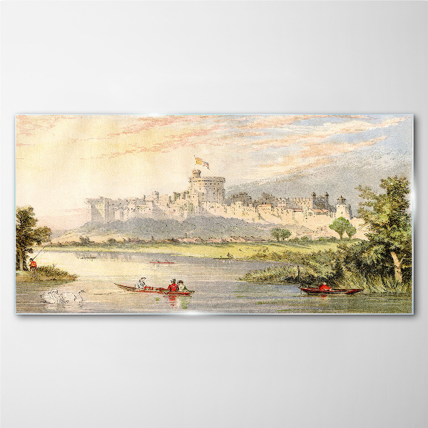 Tablou sticla Un castel lângă râu în culori pastelate