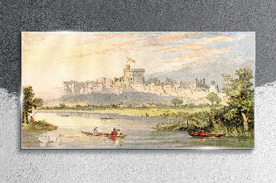 Tablou sticla Un castel lângă râu în culori pastelate