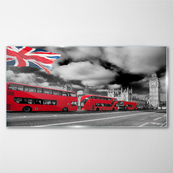 Tablou sticla Autobuze roșii din Londra cu steagul Regatului Unit