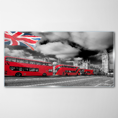 Tablou sticla Autobuze roșii din Londra cu steagul Regatului Unit