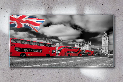 Tablou sticla Autobuze roșii din Londra cu steagul Regatului Unit