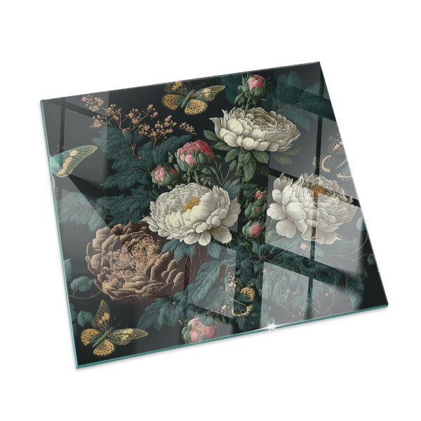 Sticlă dreptunghiulară pentru șemineu Model floral cu fluturi