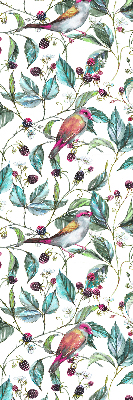 Roleta geam interior Frunze albastre și păsări colorate