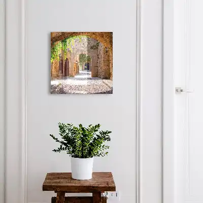 O stradă de piatră cu arhitectură și verdeață
