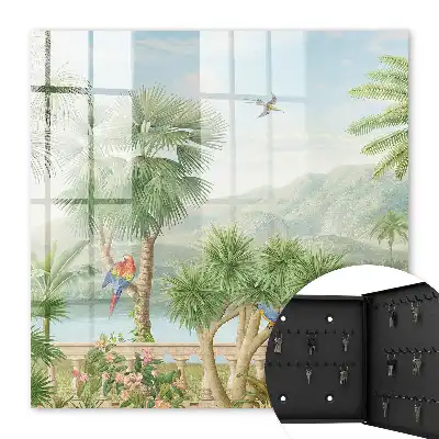 Un paradis tropical cu palmieri și papagali