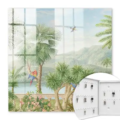 Un paradis tropical cu palmieri și papagali