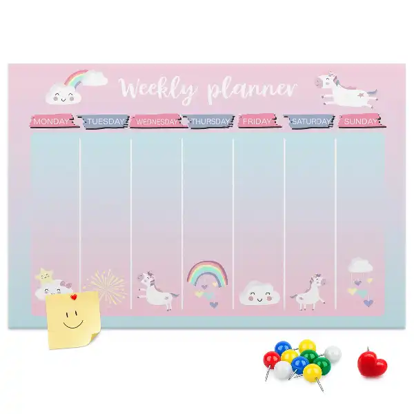 Tablă din plută tip planificator săptămânal cu model inorogi