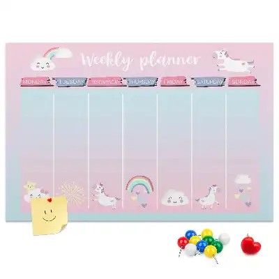 Tablă din plută tip planificator săptămânal cu model inorogi