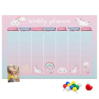 Tablă din plută tip planificator săptămânal cu model inorogi