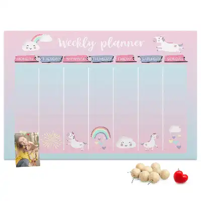 Tablă din plută tip planificator săptămânal cu model inorogi