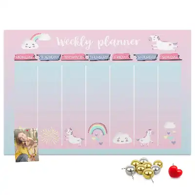 Tablă din plută tip planificator săptămânal cu model inorogi