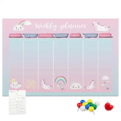 Tablă din plută tip planificator săptămânal cu model inorogi