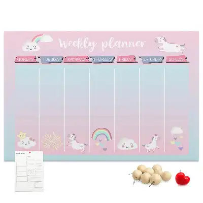Tablă din plută tip planificator săptămânal cu model inorogi