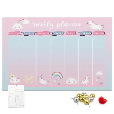 Tablă din plută tip planificator săptămânal cu model inorogi