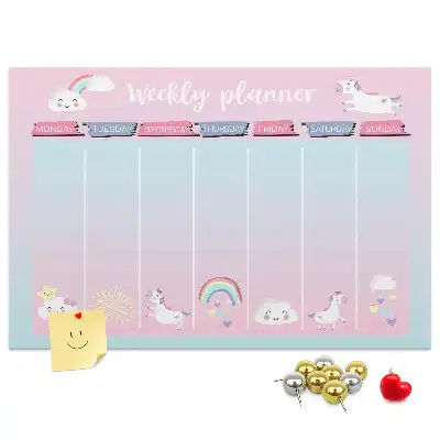 Tablă din plută tip planificator săptămânal cu model inorogi