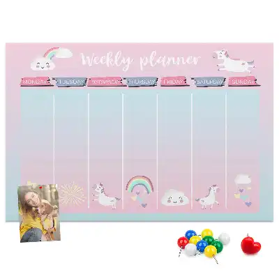 Tablă din plută tip planificator săptămânal cu model inorogi