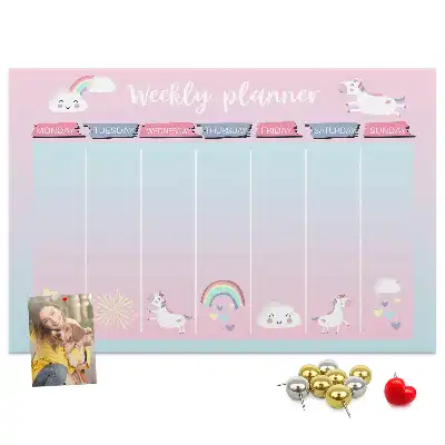 Tablă din plută tip planificator săptămânal cu model inorogi